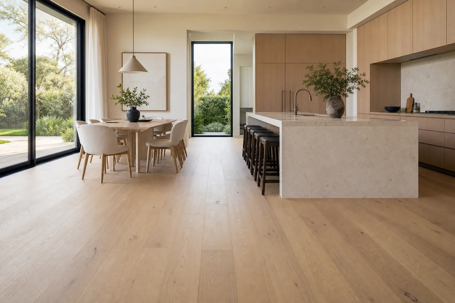 Pale oak flooring in a contemporary kitchen and dining room